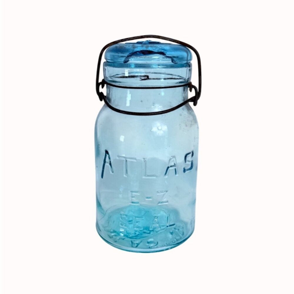 Atlas E-Z Seal Aqua Blue Glass Jar VTG Bail Wire Closure Farmhouse Collectible